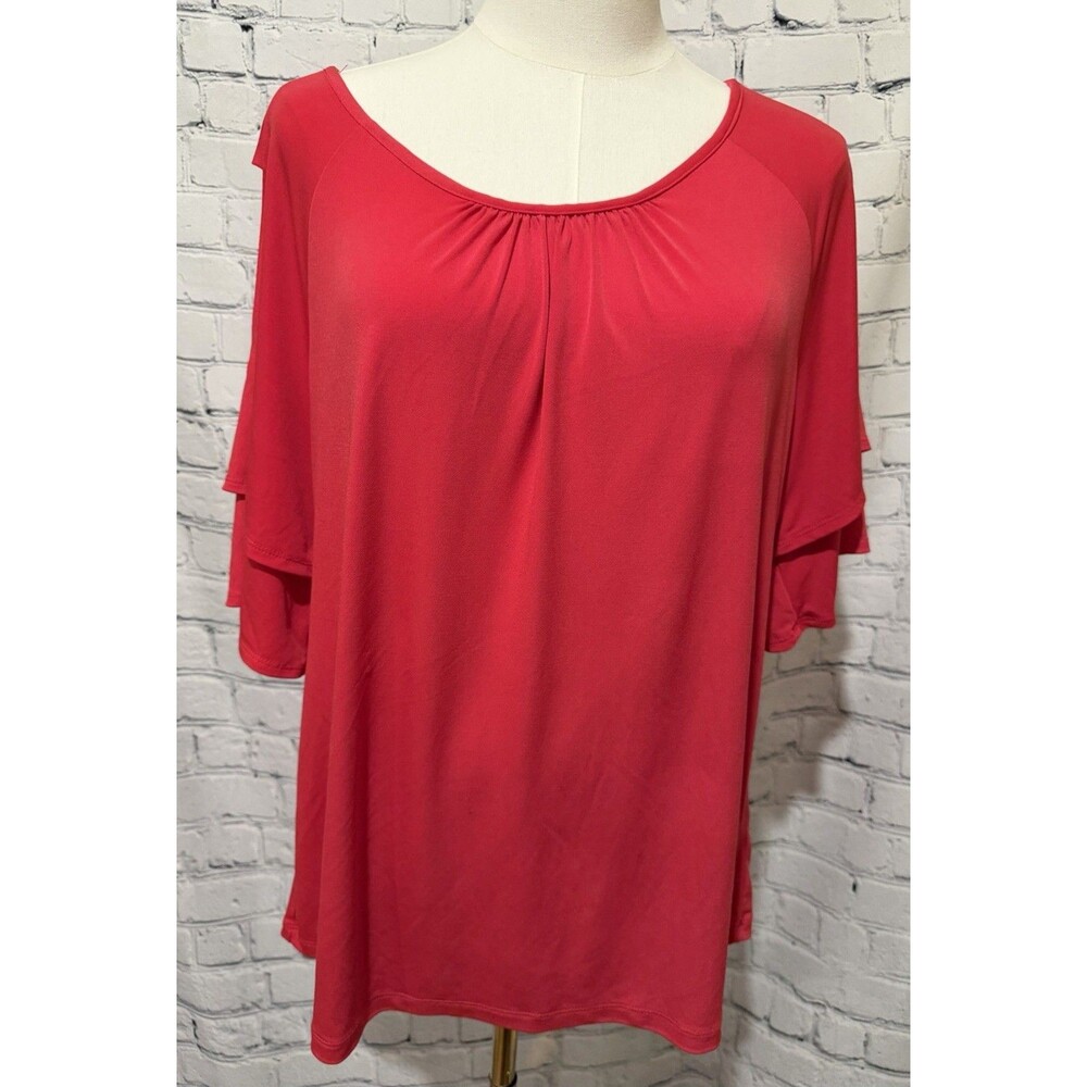 Susan Graver QVC Ruffle Cold Shoulder Liquid Knit Top Color Red/pink Size Large